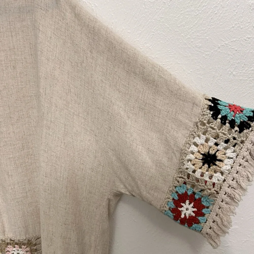 Umgee Crochet Patchwork Kimono Cardigan Oatmeal Open Front Granny core Size L - Picture 9 of 11